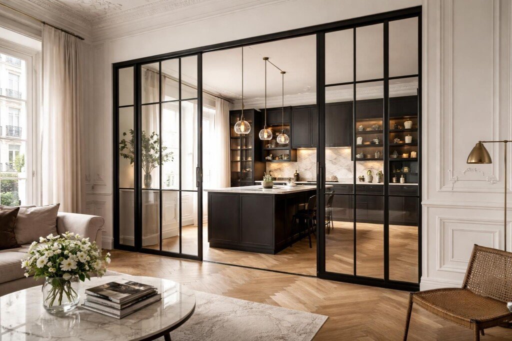 découvrez la cloison verrière sur mesure en acier pour votre cuisine à paris, alliant élégance et design haut de gamme pour sublimer votre intérieur.