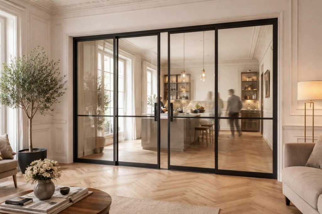 découvrez l'élégance artisanale sur mesure avec la porte verrière coulissante en acier à paris, signée mds déco, pour un intérieur moderne et raffiné.