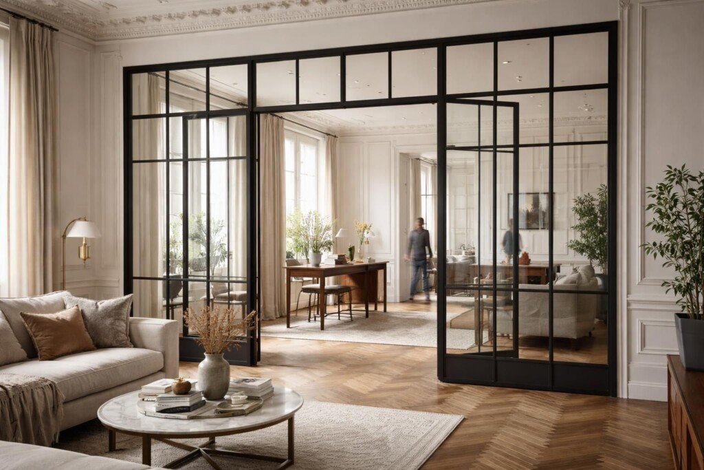découvrez l’élégance artisanale sur mesure avec la verrière salon en acier à paris par mds déco, alliant style contemporain et savoir-faire d’exception pour sublimer votre intérieur.